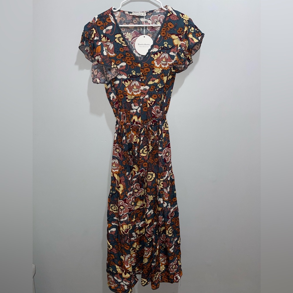 Rusttydustty Boho Floral V-Neck Short Sleeve Maxi Dress